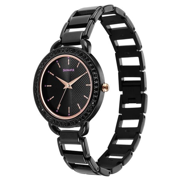 Sonata 87052KM01 Women Wedding Quartz Black Dial Black Metal Strap Watch