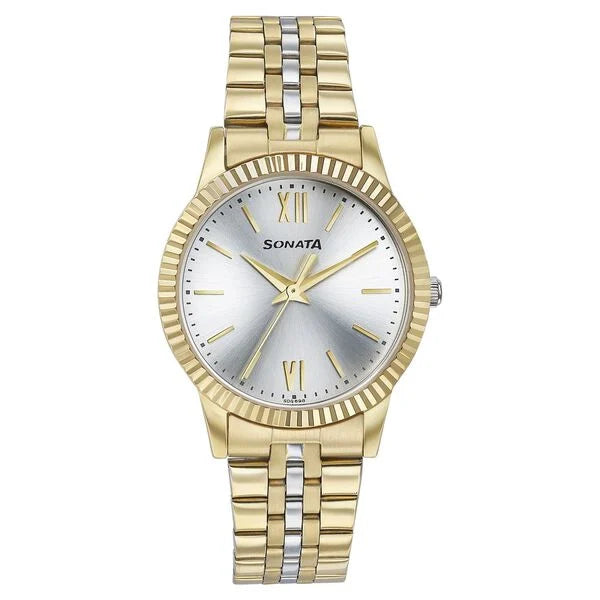 Sonata 87062BM01W Glam Gold Quartz Analog Silver Dial Two-Tone Stainless Steel Women's Watch