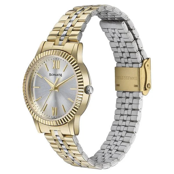 Sonata 87062BM01W Glam Gold Quartz Analog Silver Dial Two-Tone Stainless Steel Women's Watch