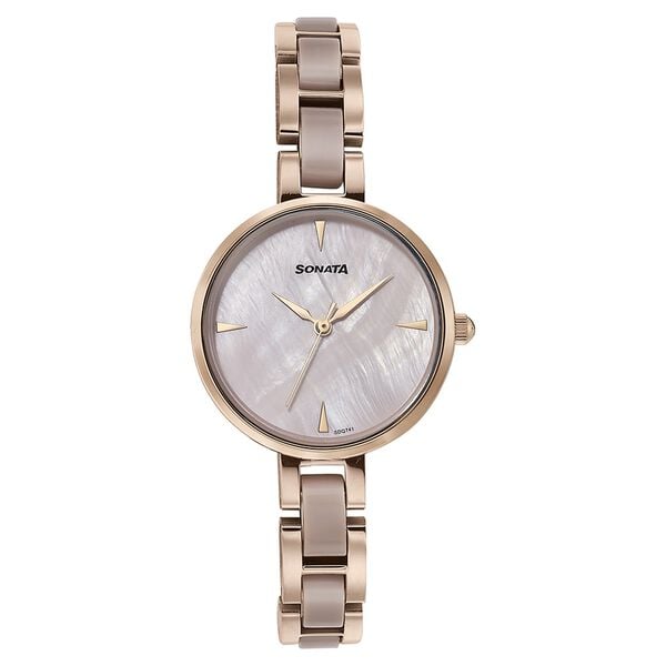 Sonata 87064KD02 Quartz Analog Mother of Pearl Dial Two-Toned Stainless Steel Strap Watch for Women