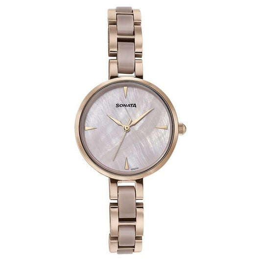 Sonata 87064KD02 Quartz Analog Mother of Pearl Dial Two-Toned Stainless Steel Strap Watch for Women