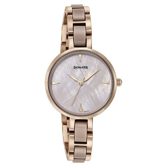 Sonata 87064KD02 Quartz Analog Mother of Pearl Dial Two-Toned Stainless Steel Strap Watch for Women