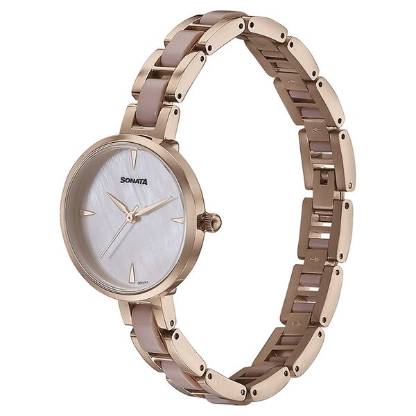 Sonata 87064KD02 Quartz Analog Mother of Pearl Dial Two-Toned Stainless Steel Strap Watch for Women