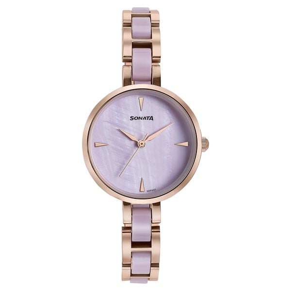 Sonata 87064KD03 Quartz Analog Purple Dial Stainless Steel With Acetate Strap Watch for Women