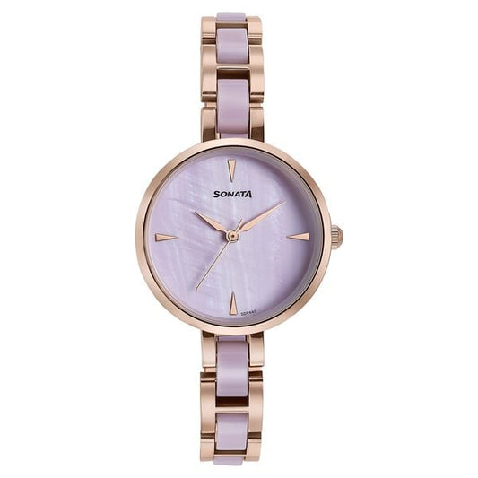 Sonata 87064KD03 Quartz Analog Purple Dial Stainless Steel With Acetate Strap Watch for Women