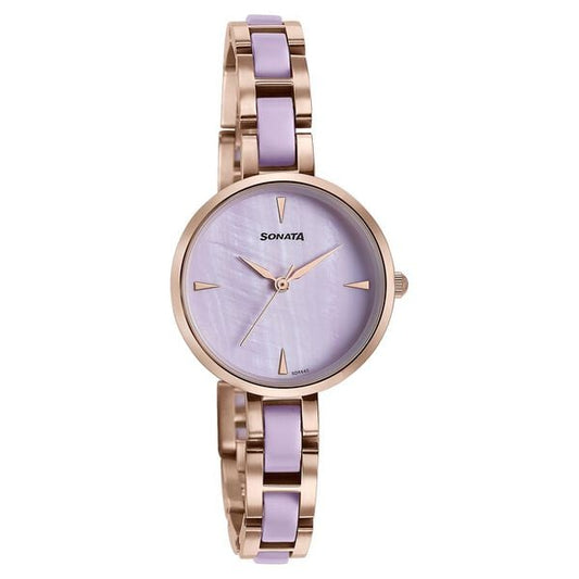 Sonata 87064KD03 Quartz Analog Purple Dial Stainless Steel With Acetate Strap Watch for Women