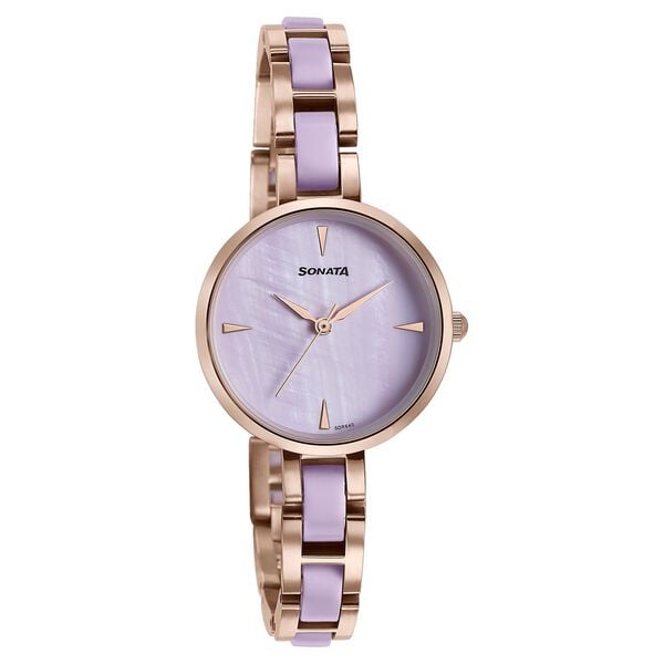 Sonata 87064KD03 Quartz Analog Purple Dial Stainless Steel With Acetate Strap Watch for Women