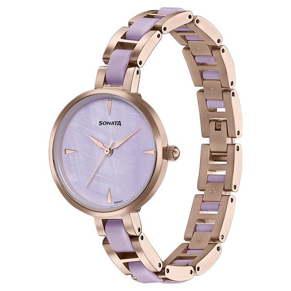 Sonata 87064KD03 Quartz Analog Purple Dial Stainless Steel With Acetate Strap Watch for Women