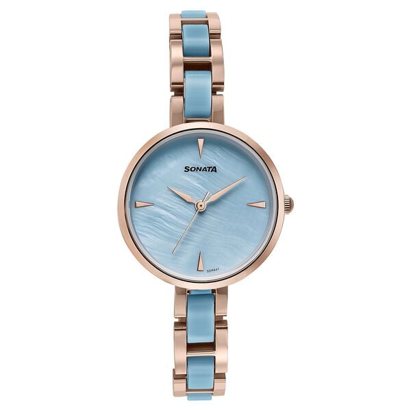 Sonata 87064KD04 Quartz Analog Blue Dial Stainless Steel With Acetate Strap Watch for Women