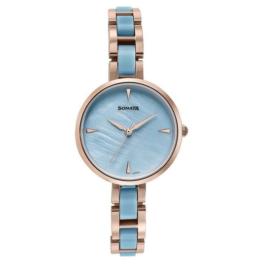 Sonata 87064KD04 Quartz Analog Blue Dial Stainless Steel With Acetate Strap Watch for Women