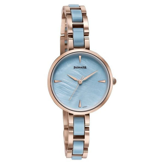 Sonata 87064KD04 Quartz Analog Blue Dial Stainless Steel With Acetate Strap Watch for Women