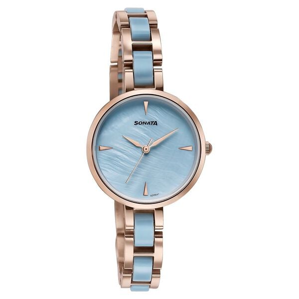 Sonata 87064KD04 Quartz Analog Blue Dial Stainless Steel With Acetate Strap Watch for Women