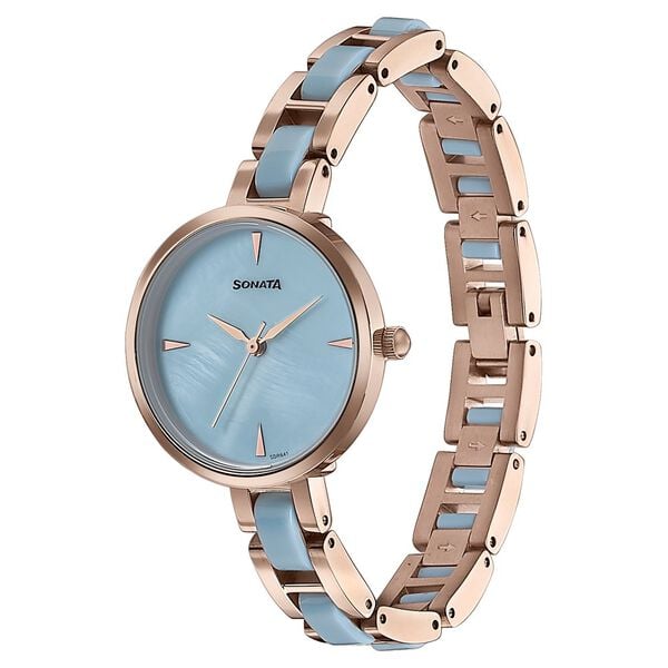Sonata 87064KD04 Quartz Analog Blue Dial Stainless Steel With Acetate Strap Watch for Women