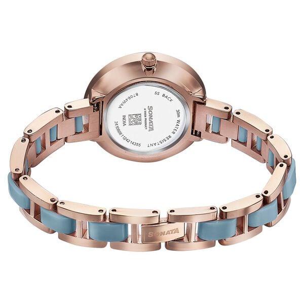 Sonata 87064KD04 Quartz Analog Blue Dial Stainless Steel With Acetate Strap Watch for Women