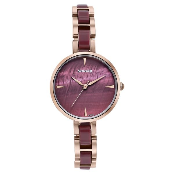 Sonata 87064KD05 Wedding Edit Quartz Analog Women Watch with Maroon Dial and Two‑Toned Stainless Steel With Acetate Strap