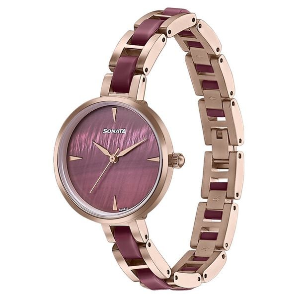 Sonata 87064KD05 Wedding Edit Quartz Analog Women Watch with Maroon Dial and Two‑Toned Stainless Steel With Acetate Strap