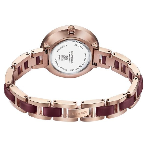 Sonata 87064KD05 Wedding Edit Quartz Analog Women Watch with Maroon Dial and Two‑Toned Stainless Steel With Acetate Strap