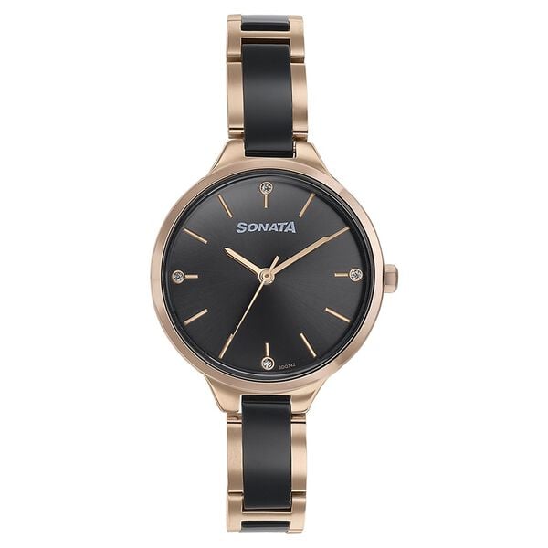 Sonata 87065KD01 Quartz Analog Black Dial Two-Toned Stainless Steel Strap Watch for Women
