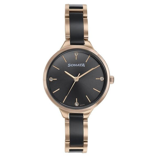 Sonata 87065KD01 Quartz Analog Black Dial Two-Toned Stainless Steel Strap Watch for Women