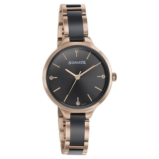 Sonata 87065KD01 Quartz Analog Black Dial Two-Toned Stainless Steel Strap Watch for Women