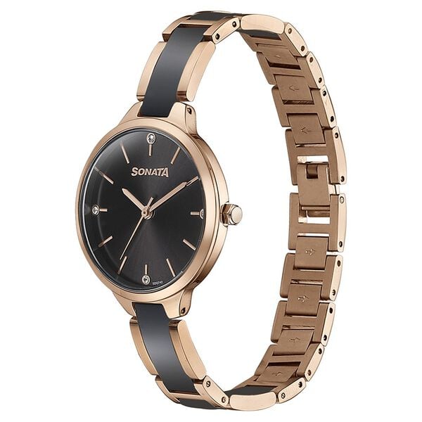 Sonata 87065KD01 Quartz Analog Black Dial Two-Toned Stainless Steel Strap Watch for Women
