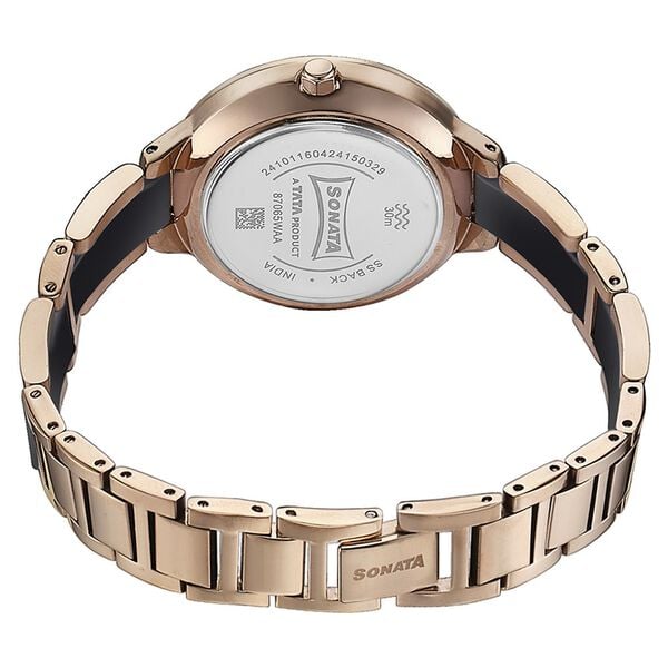 Sonata 87065KD01 Quartz Analog Black Dial Two-Toned Stainless Steel Strap Watch for Women