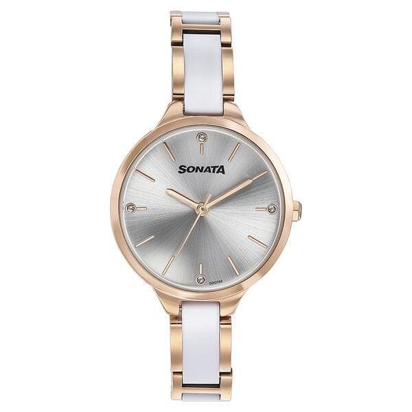 Sonata 87065KD02 Quartz Analog Silver Dial Two-Toned Stainless Steel Strap Watch for Women