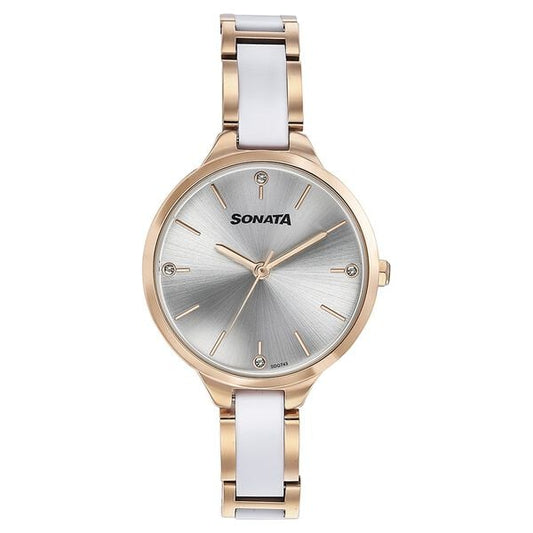 Sonata 87065KD02 Quartz Analog Silver Dial Two-Toned Stainless Steel Strap Watch for Women