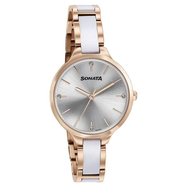 Sonata 87065KD02 Quartz Analog Silver Dial Two-Toned Stainless Steel Strap Watch for Women