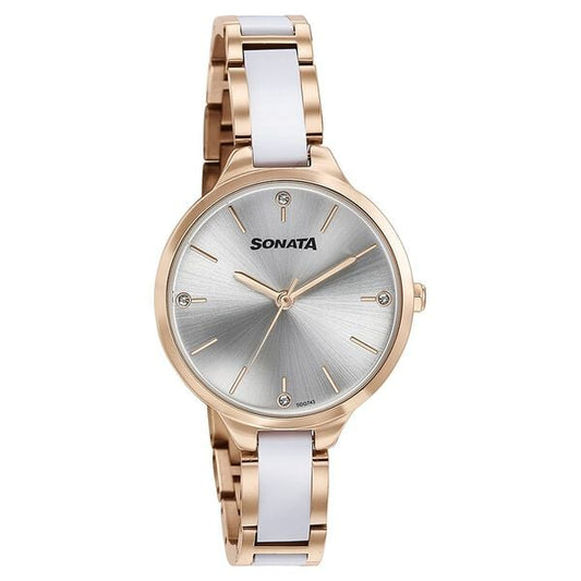 Sonata 87065KD02 Quartz Analog Silver Dial Two-Toned Stainless Steel Strap Watch for Women