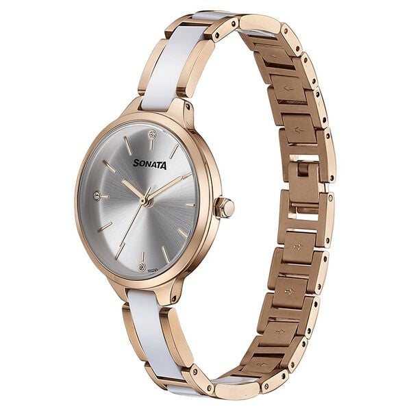 Sonata 87065KD02 Quartz Analog Silver Dial Two-Toned Stainless Steel Strap Watch for Women