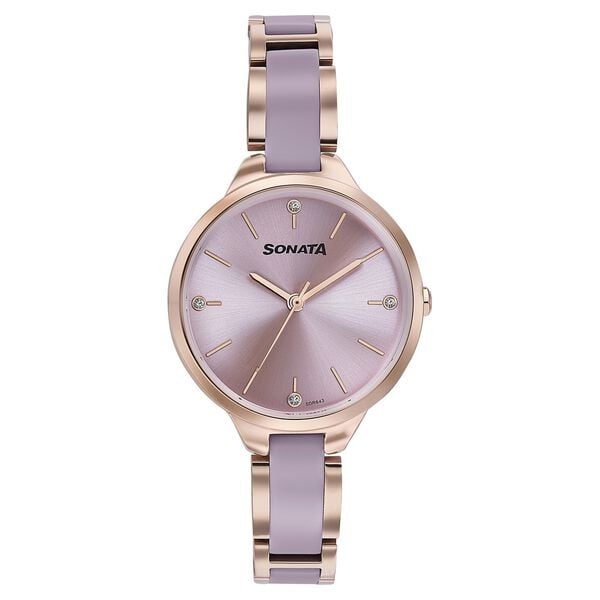 Sonata 87065KD03 Women Quartz Pink Dial Two-Tone Stainless-Steel & Acetate Strap Watch