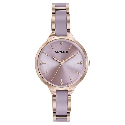Sonata 87065KD03 Women Quartz Pink Dial Two-Tone Stainless-Steel & Acetate Strap Watch