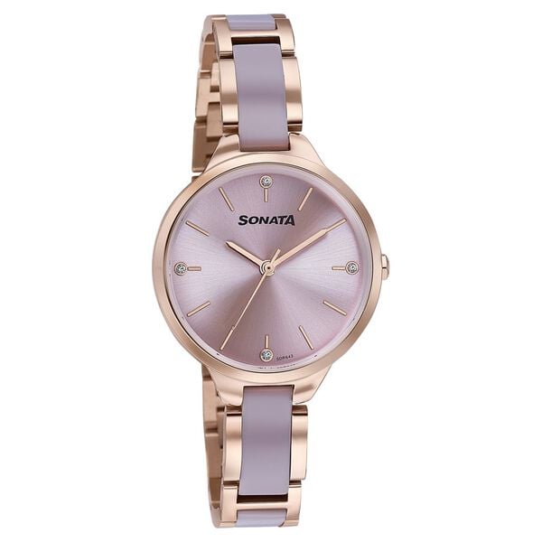 Sonata 87065KD03 Women Quartz Pink Dial Two-Tone Stainless-Steel & Acetate Strap Watch