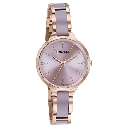 Sonata 87065KD03 Women Quartz Pink Dial Two-Tone Stainless-Steel & Acetate Strap Watch