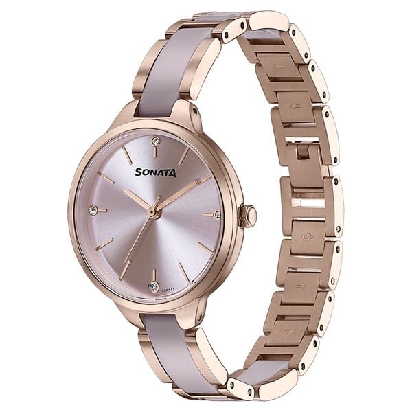 Sonata 87065KD03 Women Quartz Pink Dial Two-Tone Stainless-Steel & Acetate Strap Watch