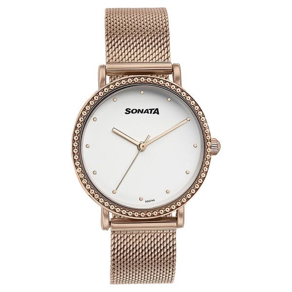 Sonata 87066WM01 Quartz Analog White Dial Rose Gold Stainless Steel Strap Watch for Women