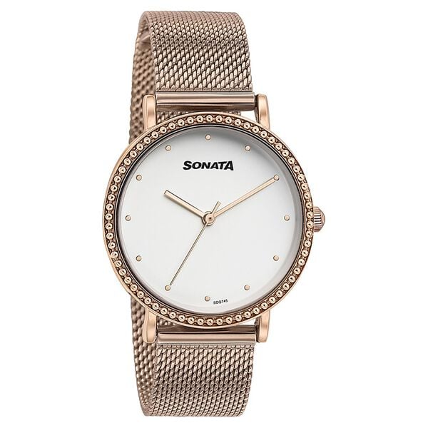 Sonata 87066WM01 Quartz Analog White Dial Rose Gold Stainless Steel Strap Watch for Women