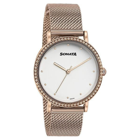 Sonata 87066WM01 Quartz Analog White Dial Rose Gold Stainless Steel Strap Watch for Women