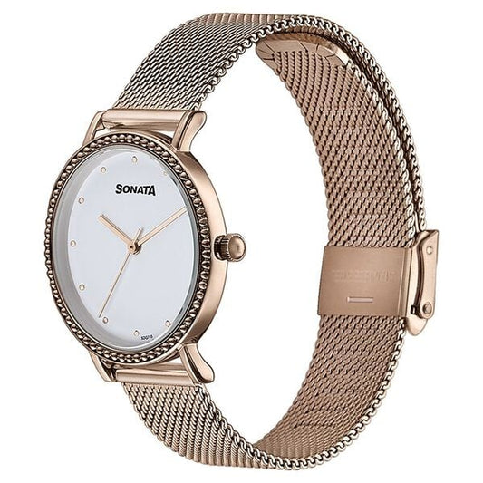 Sonata 87066WM01 Quartz Analog White Dial Rose Gold Stainless Steel Strap Watch for Women