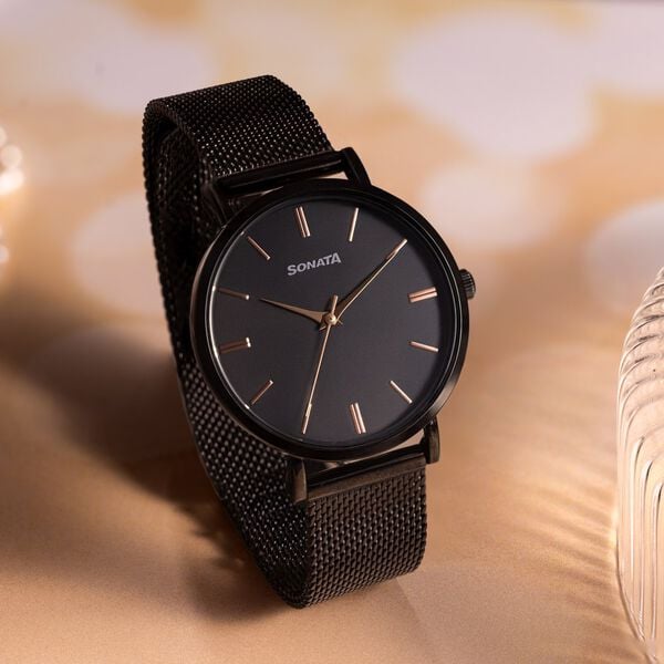 Sonata 87067NM01 Women Quartz Analog Black Dial Black Stainless Steel Watch