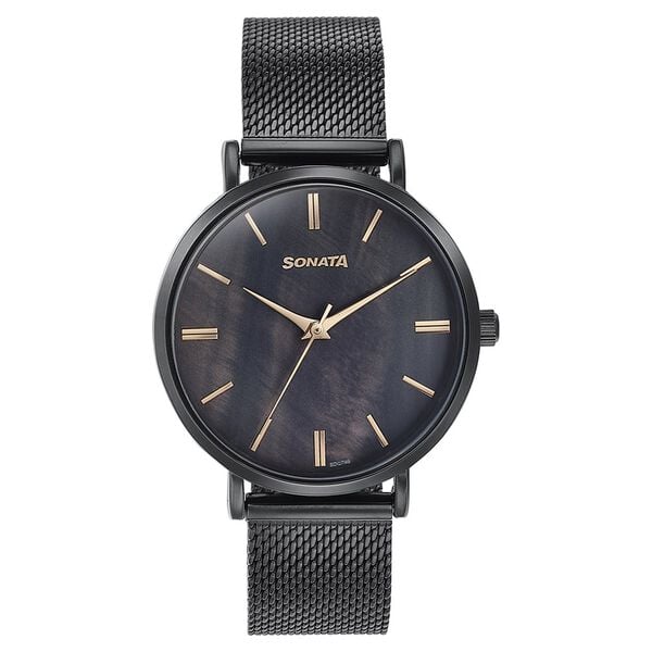 Sonata 87067NM01 Women Quartz Analog Black Dial Black Stainless Steel Watch
