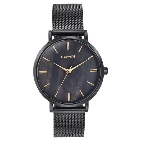 Sonata 87067NM01 Women Quartz Analog Black Dial Black Stainless Steel Watch