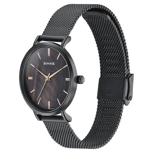 Sonata 87067NM01 Women Quartz Analog Black Dial Black Stainless Steel Watch