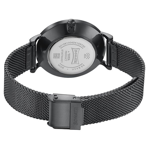 Sonata 87067NM01 Women Quartz Analog Black Dial Black Stainless Steel Watch