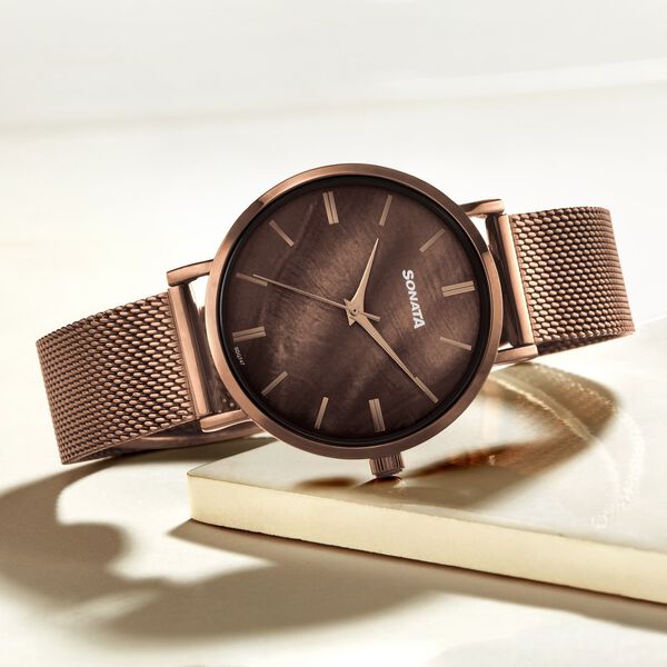 Sonata 87067QM01 brown stainless steel bracelet close-up