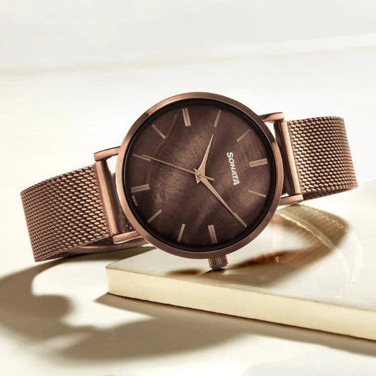 Sonata NU8706QM01 Quartz Analog Brown Dial Brown Stainless Steel Strap Women's Watch
