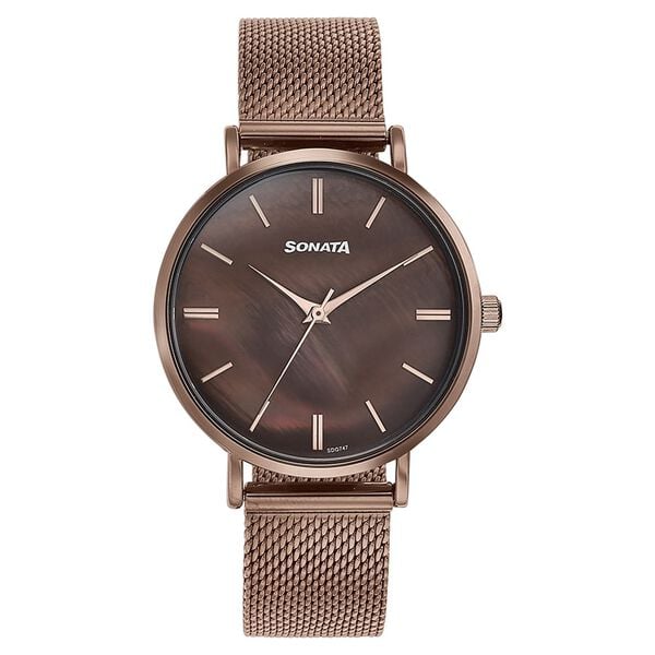 Sonata 87067QM01 Quartz Analog Brown Dial Brown Stainless Steel Strap Women’s Watch
