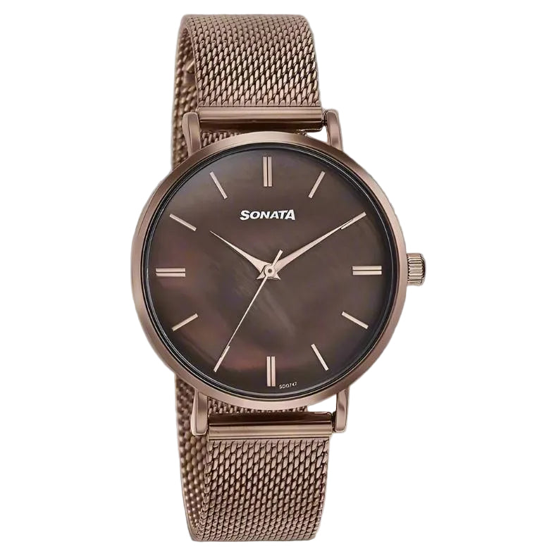 A Sonata brand analog watch with a round dark brown dial, matching brown mesh strap, and rose gold-toned case and markers, shown against a soft gray gradient background.