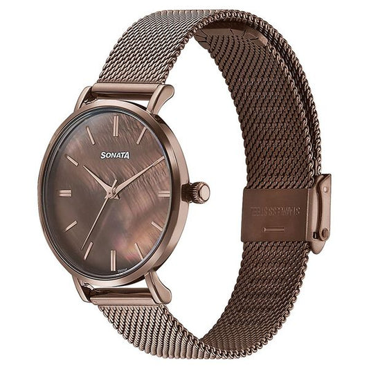 Sonata 87067QM01 Quartz Analog Brown Dial Brown Stainless Steel Strap Women’s Watch